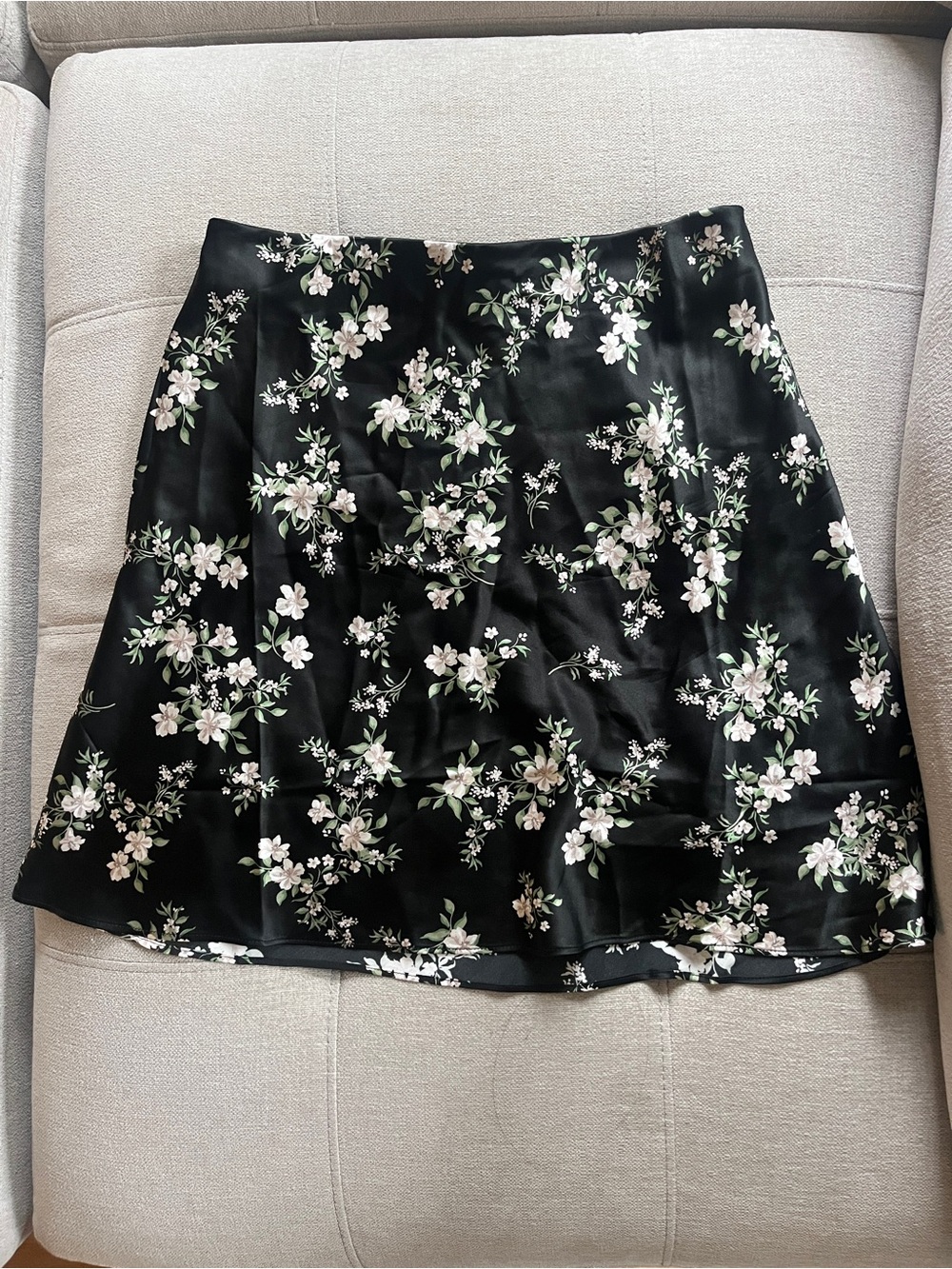 100% Silk Quince Black Floral A-Line Skirt with White Blossoms